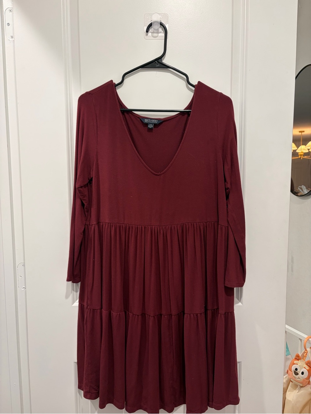American Eagle Outfitters Burgundy V-Neck Tiered Long-Sleeve Dress